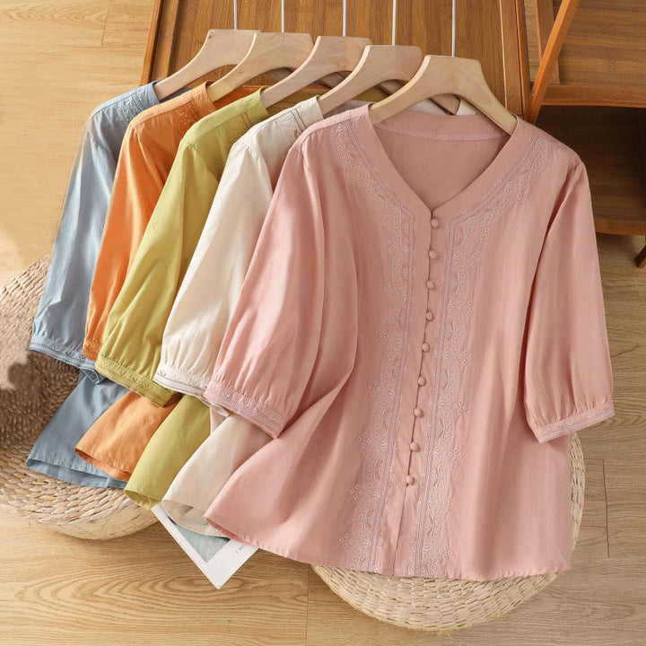 Camisa de algodón con cuello en V y bordado simétrico de Buddha Stones para mujer - image 33