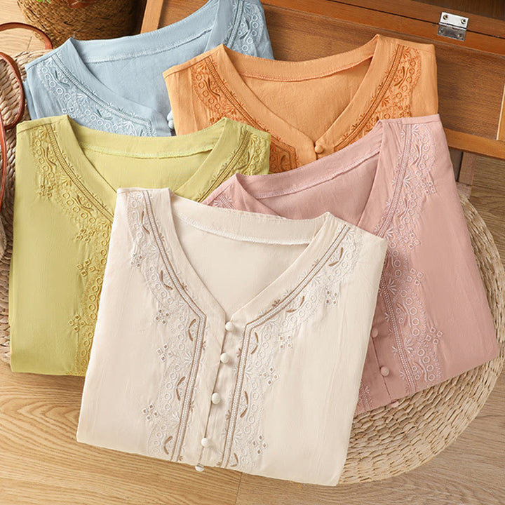 Camisa de algodón con cuello en V y bordado simétrico de Buddha Stones para mujer - image 34