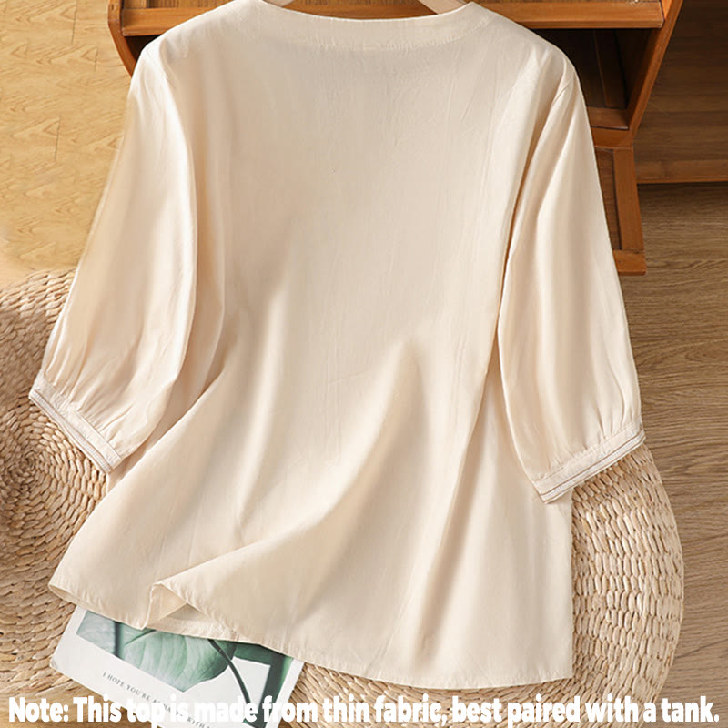 Camisa de algodón con cuello en V y bordado simétrico de Buddha Stones para mujer - image 2