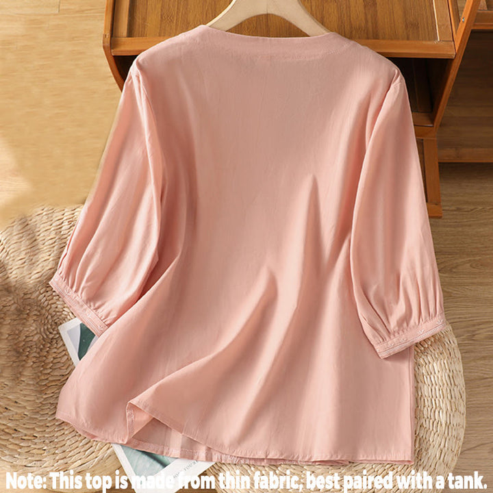 Camisa de algodón con cuello en V y bordado simétrico de Buddha Stones para mujer - image 28