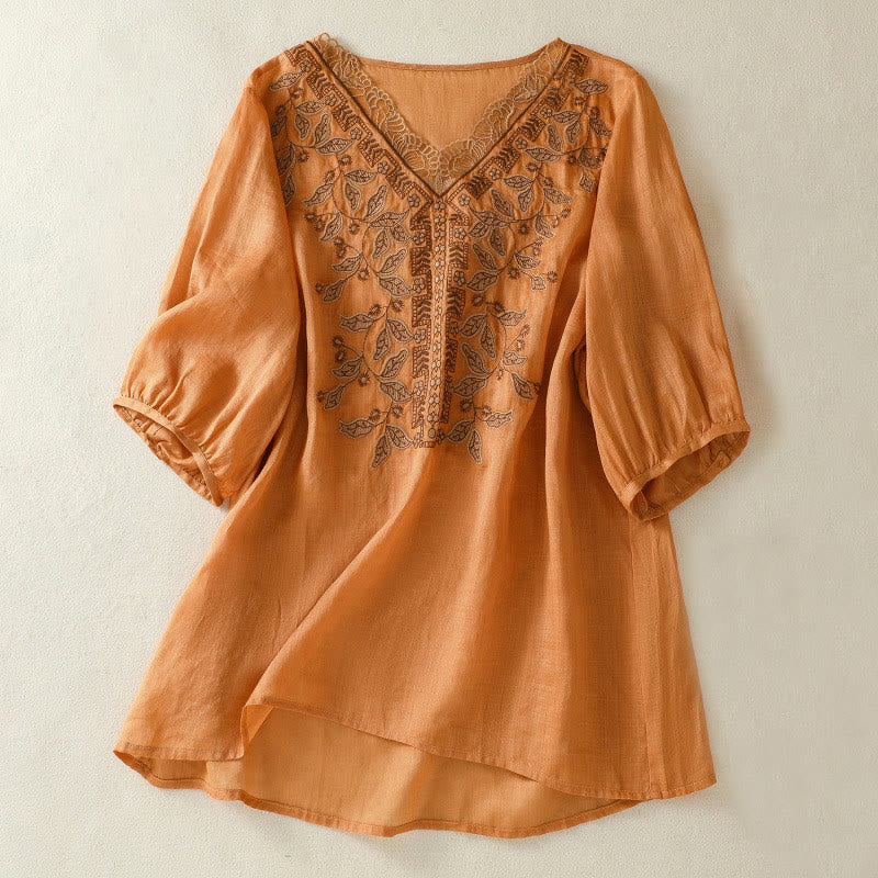 Camiseta informal de algodón y lino para mujer, de media manga, con encaje bordado y Buddha Stones - Chocolate - US8-10，UK/AU12-14，EU40-42 (2XL) - image 1