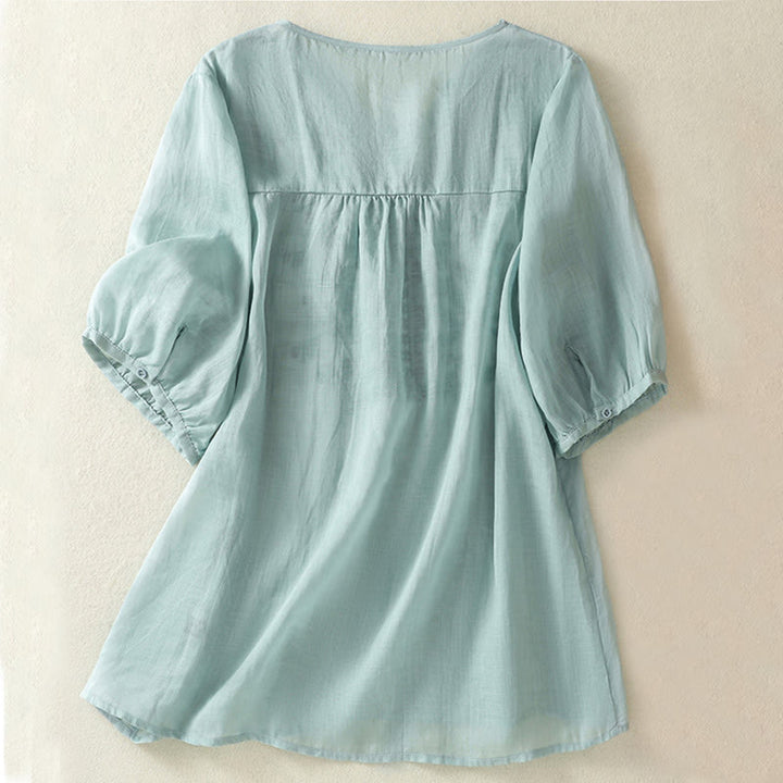 Camiseta informal de algodón y lino para mujer, de media manga, con encaje bordado y Buddha Stones - image 11