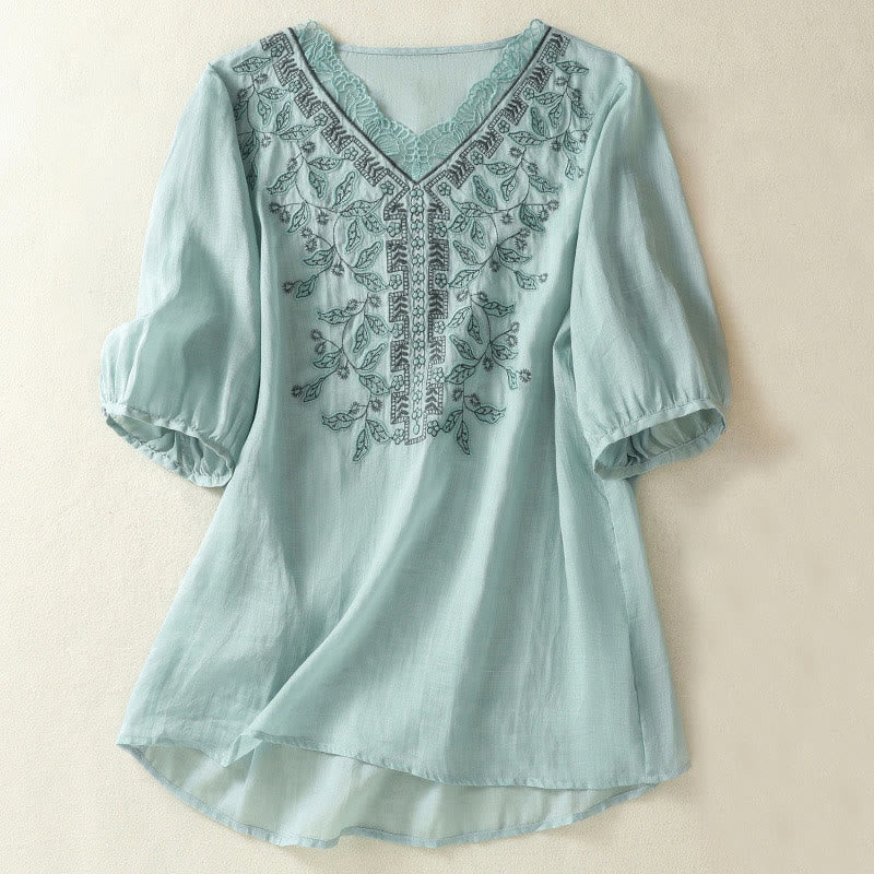 Camiseta informal de algodón y lino para mujer, de media manga, con encaje bordado y Buddha Stones - Azul cielo claro - US8-10，UK/AU12-14，EU40-42 (2XL) - image 8