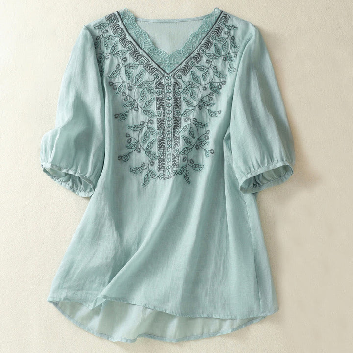 Camiseta informal de algodón y lino para mujer, de media manga, con encaje bordado y Buddha Stones - Azul cielo claro - US8-10，UK/AU12-14，EU40-42 (2XL) - image 9