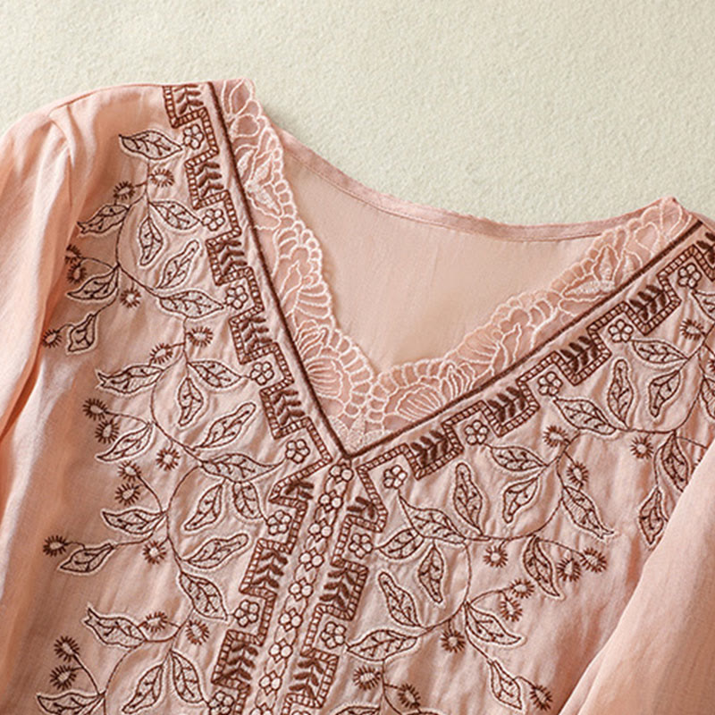 Camiseta informal de algodón y lino para mujer, de media manga, con encaje bordado y Buddha Stones - image 27