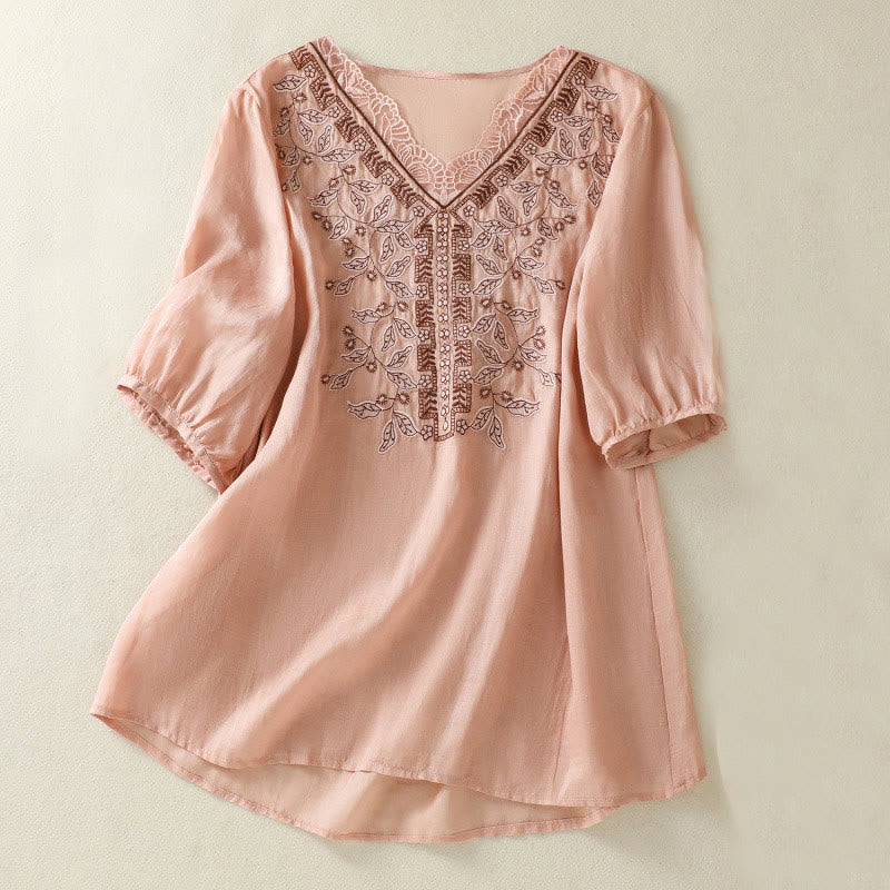 Camiseta informal de algodón y lino para mujer, de media manga, con encaje bordado y Buddha Stones - Rosa - US8-10，UK/AU12-14，EU40-42 (2XL) - image 20