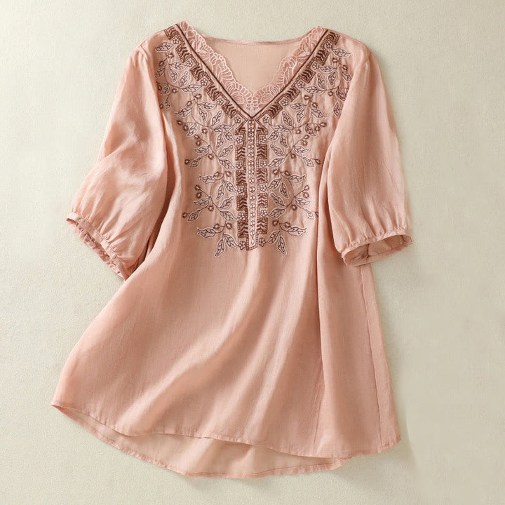 Camiseta informal de algodón y lino para mujer, de media manga, con encaje bordado y Buddha Stones - Rosa - US8-10，UK/AU12-14，EU40-42 (2XL) - image 20