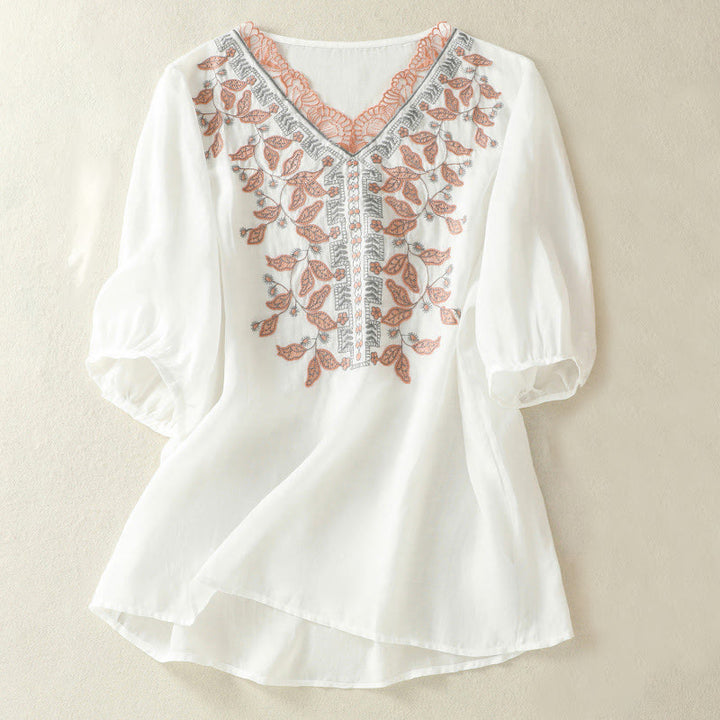 Camiseta informal de algodón y lino para mujer, de media manga, con encaje bordado y Buddha Stones - Blanco - US8-10，UK/AU12-14，EU40-42 (2XL) - image 30
