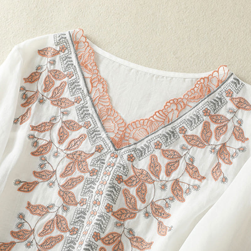 Camiseta informal de algodón y lino para mujer, de media manga, con encaje bordado y Buddha Stones - image 32
