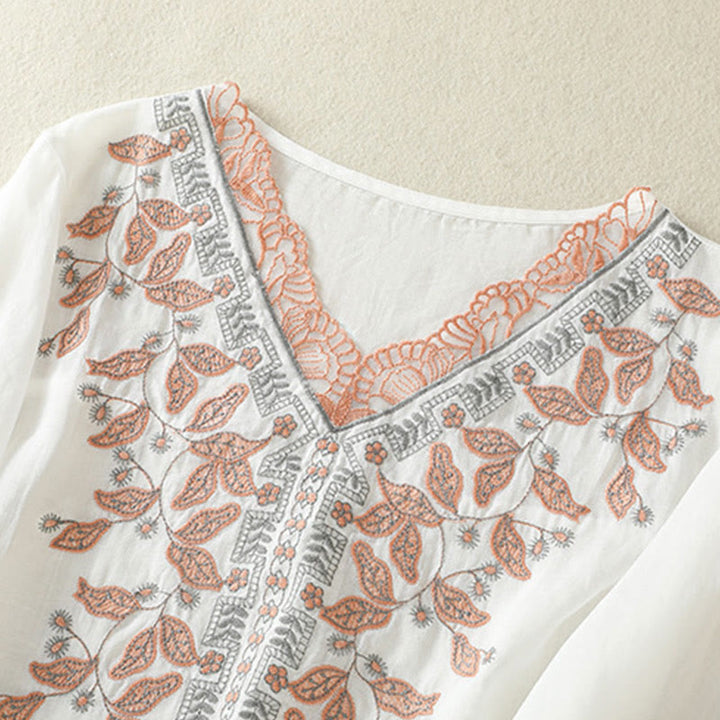 Camiseta informal de algodón y lino para mujer, de media manga, con encaje bordado y Buddha Stones - image 32