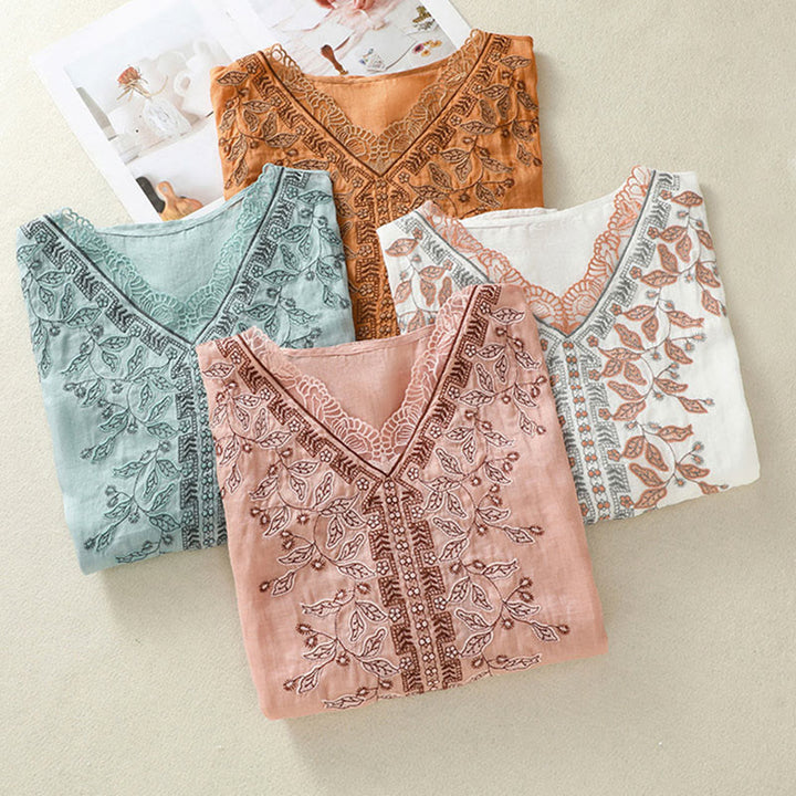 Camiseta informal de algodón y lino para mujer, de media manga, con encaje bordado y Buddha Stones - image 37