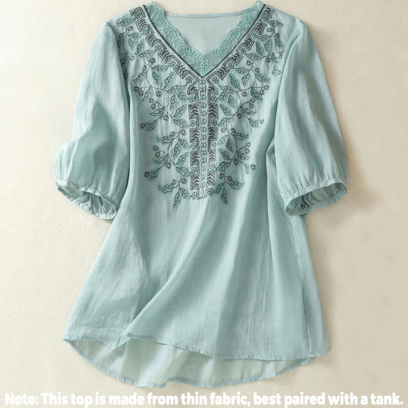 Camiseta informal de algodón y lino para mujer, de media manga, con encaje bordado y Buddha Stones - image 10