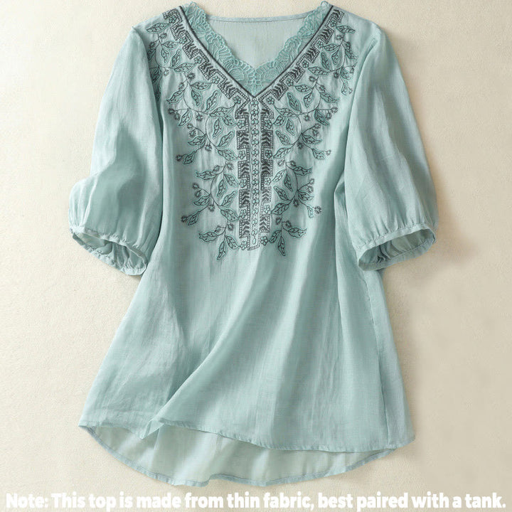 Camiseta informal de algodón y lino para mujer, de media manga, con encaje bordado y Buddha Stones - image 10