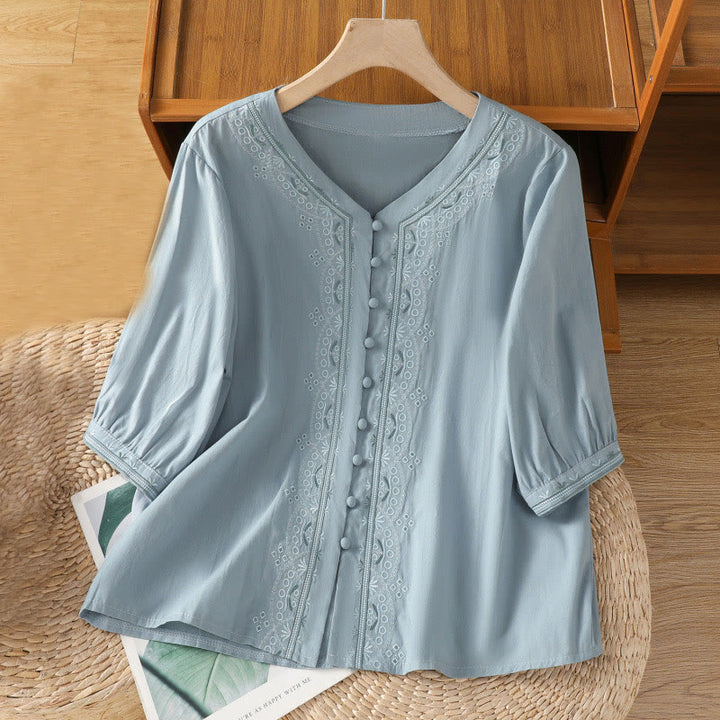 Camisa de algodón con cuello en V y bordado simétrico de Buddha Stones para mujer - Azul cielo claro - US12, UK/AU16, EU44 (2XL) - image 6