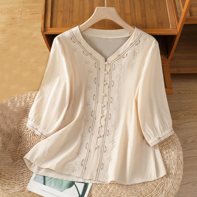 Camisa de algodón con cuello en V y bordado simétrico de Buddha Stones para mujer - Encaje antiguo - US12, UK/AU16, EU44 (2XL) - image 1