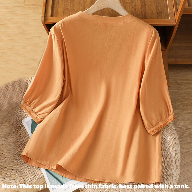 Camisa de algodón con cuello en V y bordado simétrico de Buddha Stones para mujer - image 21