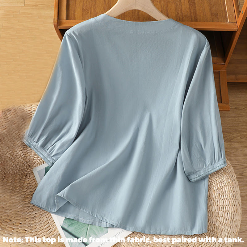 Camisa de algodón con cuello en V y bordado simétrico de Buddha Stones para mujer - image 7
