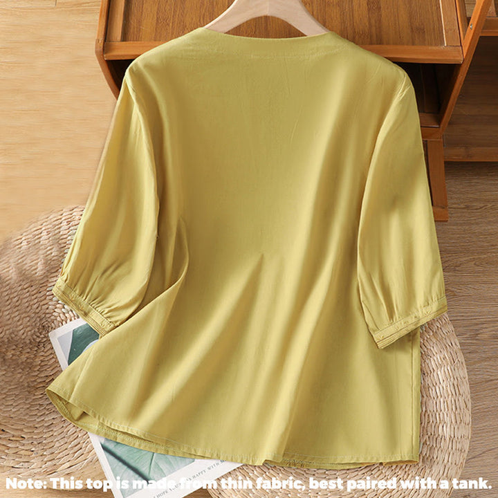 Camisa de algodón con cuello en V y bordado simétrico de Buddha Stones para mujer - image 15