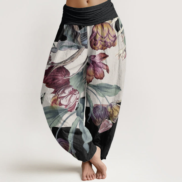 Pantalones harén de algodón puro con diseño de tulipanes y hojas verdes de Buddha Stones para mujer, con cintura elástica