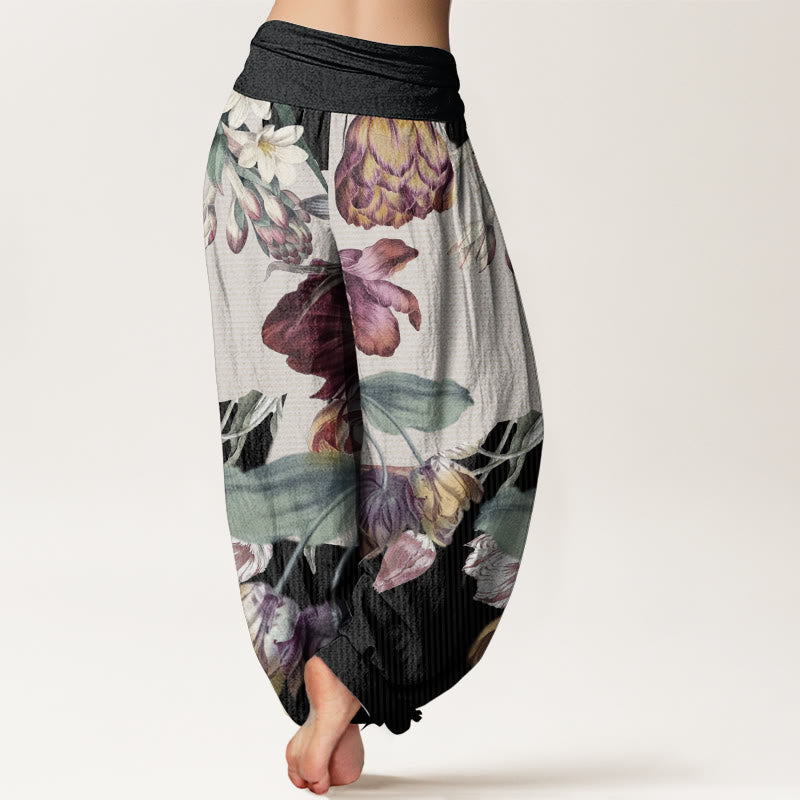 Pantalones harén de algodón puro con diseño de tulipanes y hojas verdes de Buddha Stones para mujer, con cintura elástica - image 1