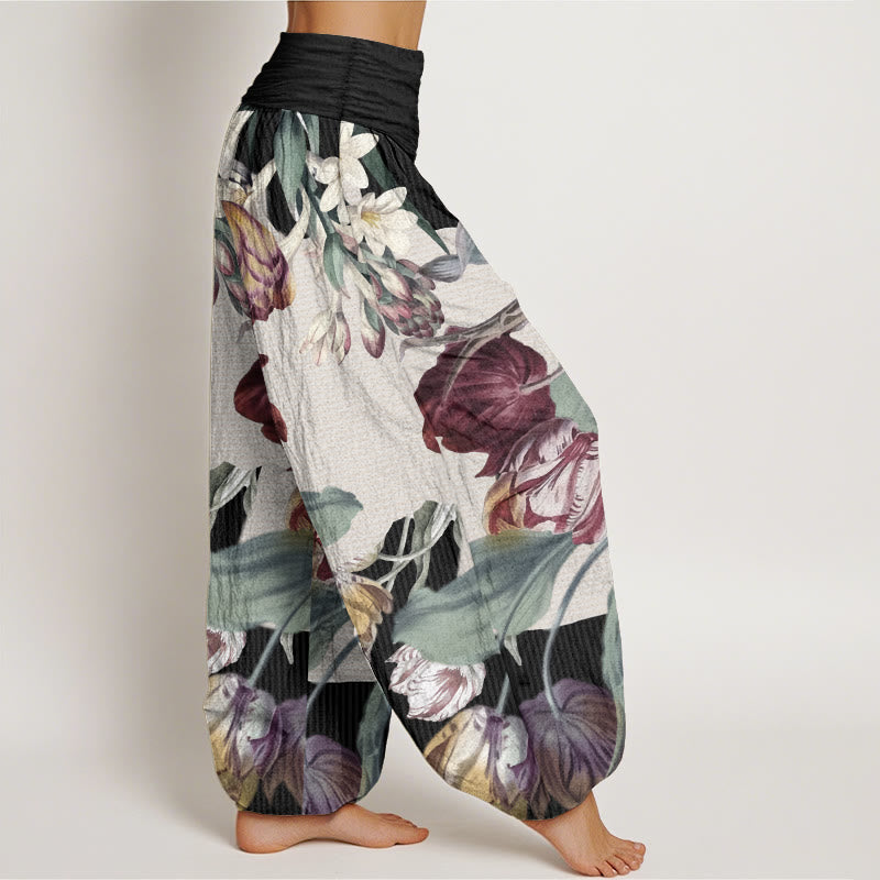 Pantalones harén de algodón puro con diseño de tulipanes y hojas verdes de Buddha Stones para mujer, con cintura elástica