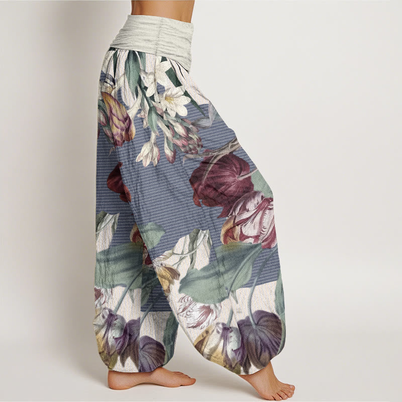 Pantalones harén de algodón puro con diseño de tulipanes y hojas verdes de Buddha Stones para mujer, con cintura elástica