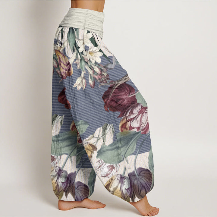Pantalones harén de algodón puro con diseño de tulipanes y hojas verdes de Buddha Stones para mujer, con cintura elástica