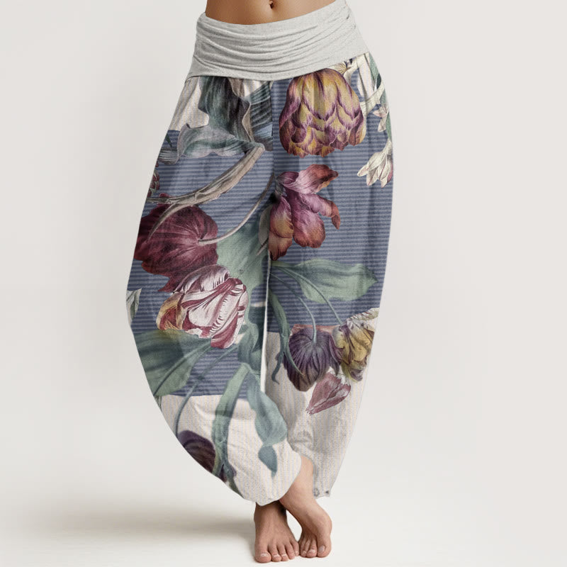 Pantalones harén de algodón puro con diseño de tulipanes y hojas verdes de Buddha Stones para mujer, con cintura elástica
