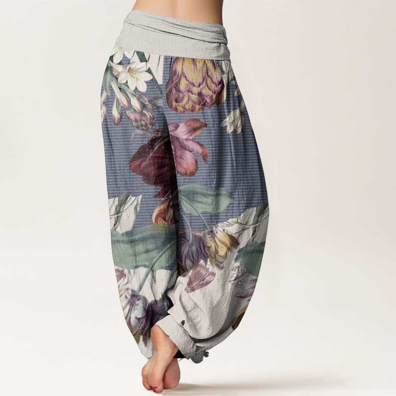 Pantalones harén de algodón puro con diseño de tulipanes y hojas verdes de Buddha Stones para mujer, con cintura elástica