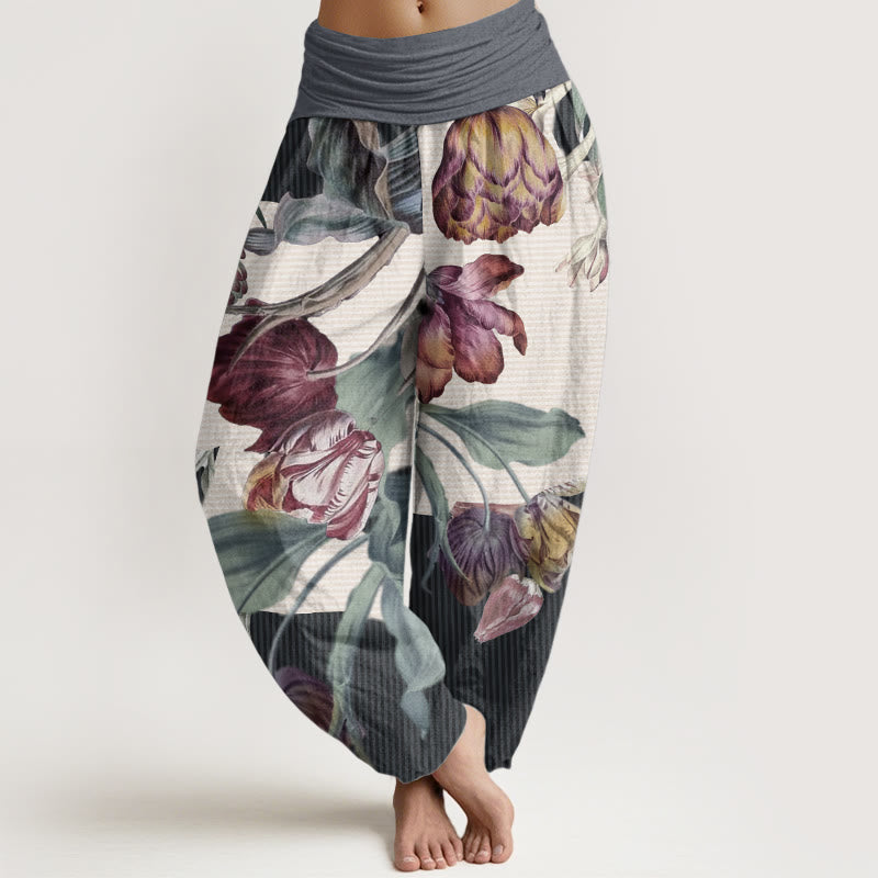 Pantalones harén de algodón puro con diseño de tulipanes y hojas verdes de Buddha Stones para mujer, con cintura elástica