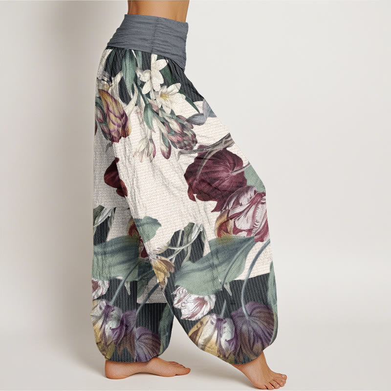 Pantalones harén de algodón puro con diseño de tulipanes y hojas verdes de Buddha Stones para mujer, con cintura elástica
