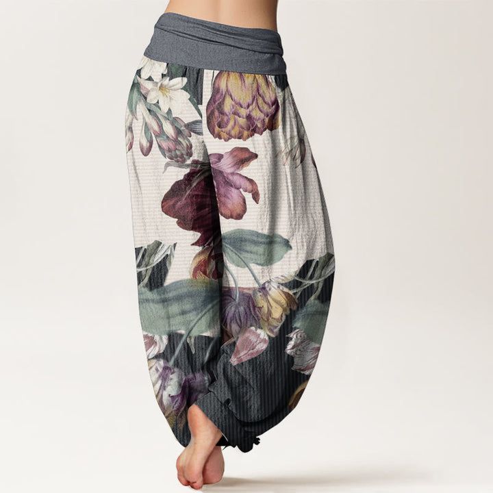 Pantalones harén de algodón puro con diseño de tulipanes y hojas verdes de Buddha Stones para mujer, con cintura elástica - image 10