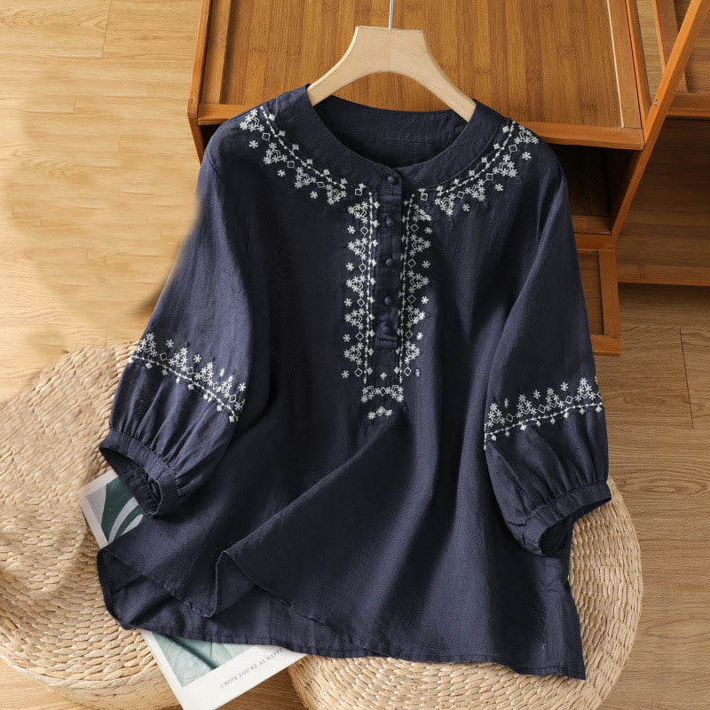 Camisa de algodón con cuello redondo y bordado simétrico de Buddha Stones para mujer - Azul medianoche - US14，UK/AU18，EU46 (2XL) - image 1
