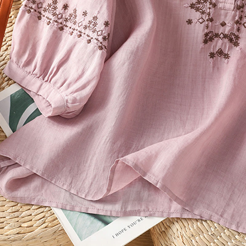 Camisa de algodón con cuello redondo y bordado simétrico de Buddha Stones para mujer - image 11