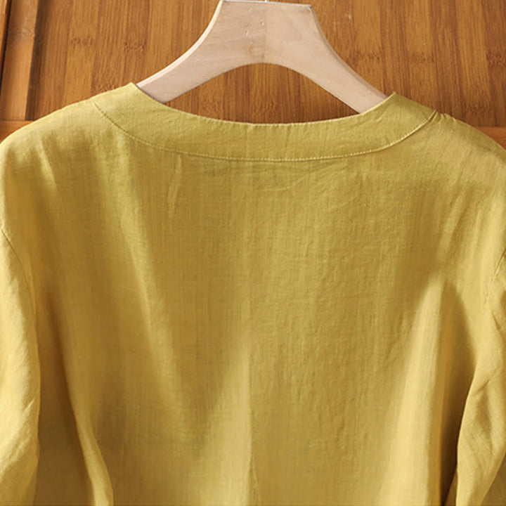Camisa de algodón con cuello redondo y bordado simétrico de Buddha Stones para mujer - image 18