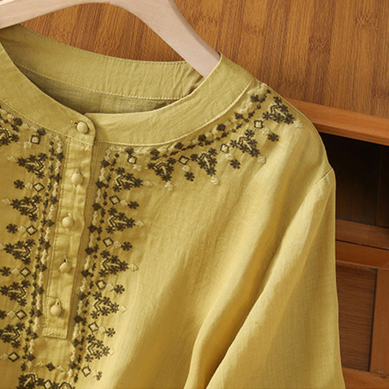 Camisa de algodón con cuello redondo y bordado simétrico de Buddha Stones para mujer - image 22