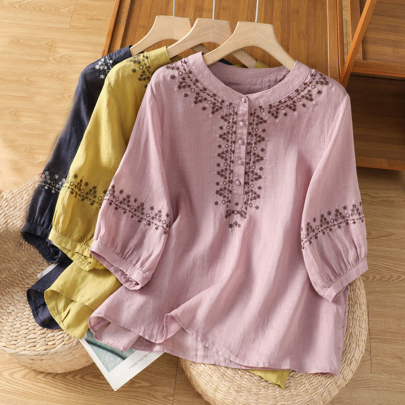Camisa de algodón con cuello redondo y bordado simétrico de Buddha Stones para mujer - image 23