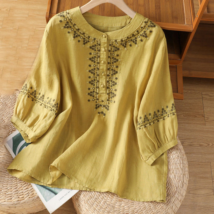 Camisa de algodón con cuello redondo y bordado simétrico de Buddha Stones para mujer - Caqui - US14，UK/AU18，EU46 (2XL) - image 16