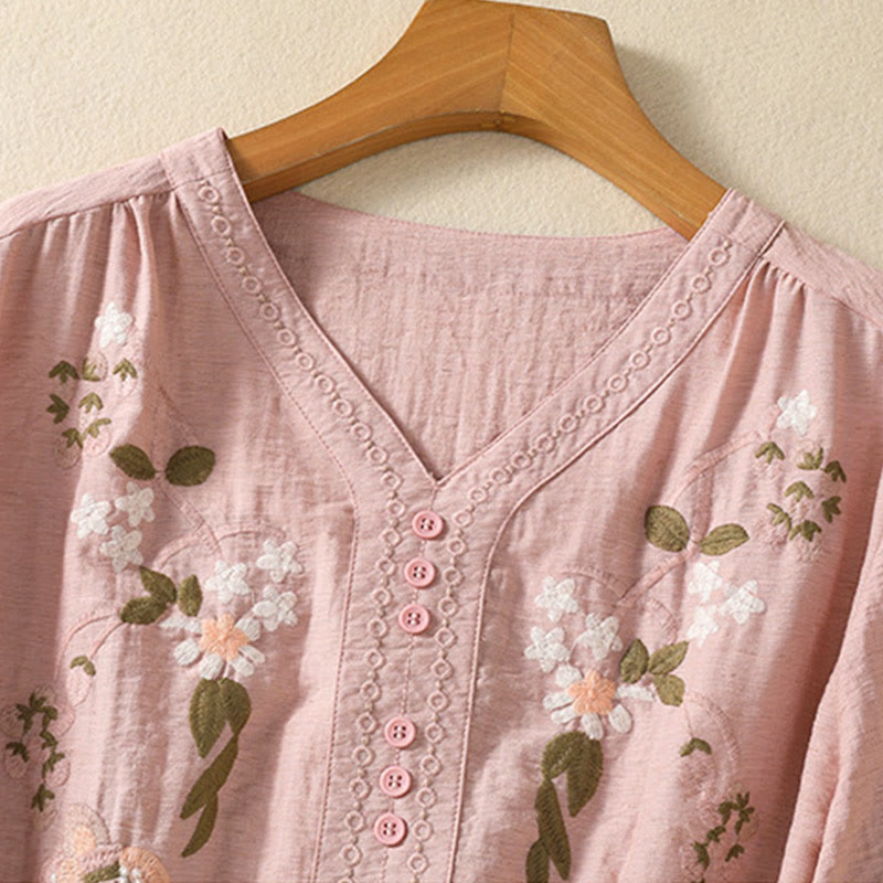 Camisa de algodón con cuello en V para mujer con bordado de flores, hojas y Buddha Stones - image 3