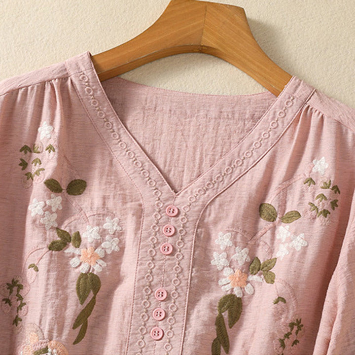Camisa de algodón con cuello en V para mujer con bordado de flores, hojas y Buddha Stones - image 3