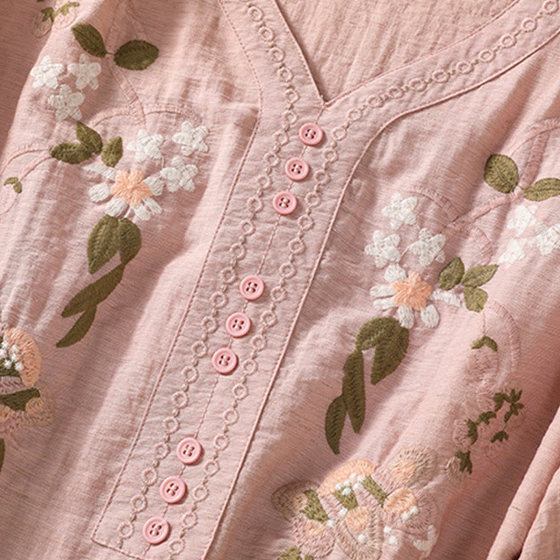 Camisa de algodón con cuello en V para mujer con bordado de flores, hojas y Buddha Stones - image 6
