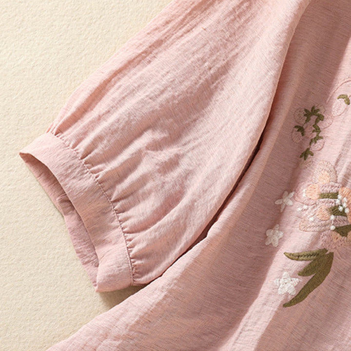 Camisa de algodón con cuello en V para mujer con bordado de flores, hojas y Buddha Stones - image 7
