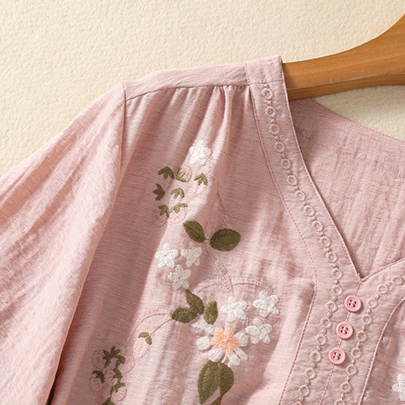 Camisa de algodón con cuello en V para mujer con bordado de flores, hojas y Buddha Stones - image 5