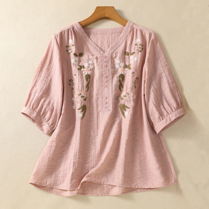 Camisa de algodón con cuello en V para mujer con bordado de flores, hojas y Buddha Stones - Rosa - US14，UK/AU18，EU46 (2XL) - image 1
