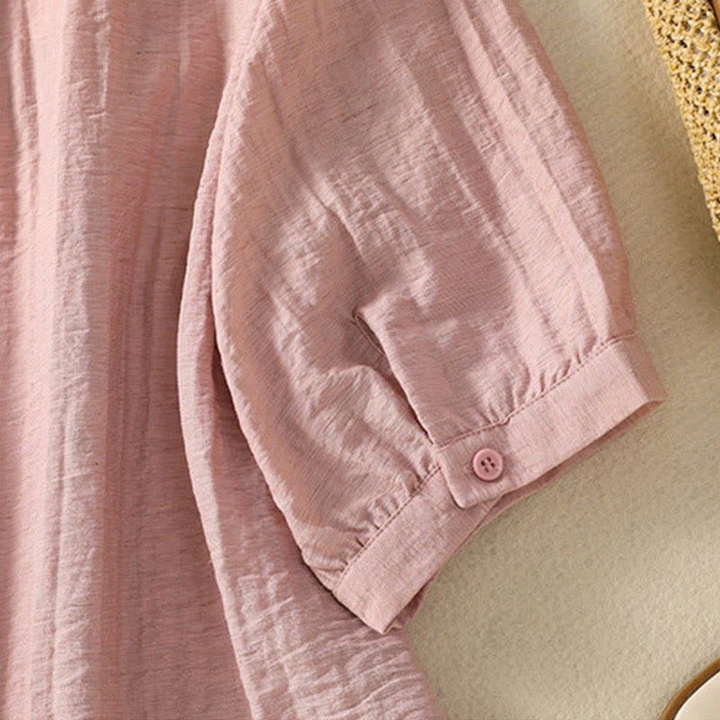 Camisa de algodón con cuello en V para mujer con bordado de flores, hojas y Buddha Stones - image 8