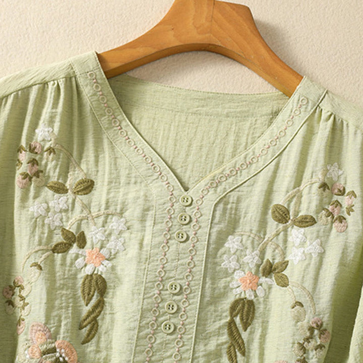 Camisa de algodón con cuello en V para mujer con bordado de flores, hojas y Buddha Stones - image 13