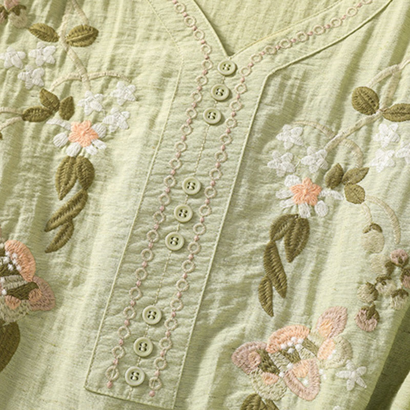 Camisa de algodón con cuello en V para mujer con bordado de flores, hojas y Buddha Stones - image 16