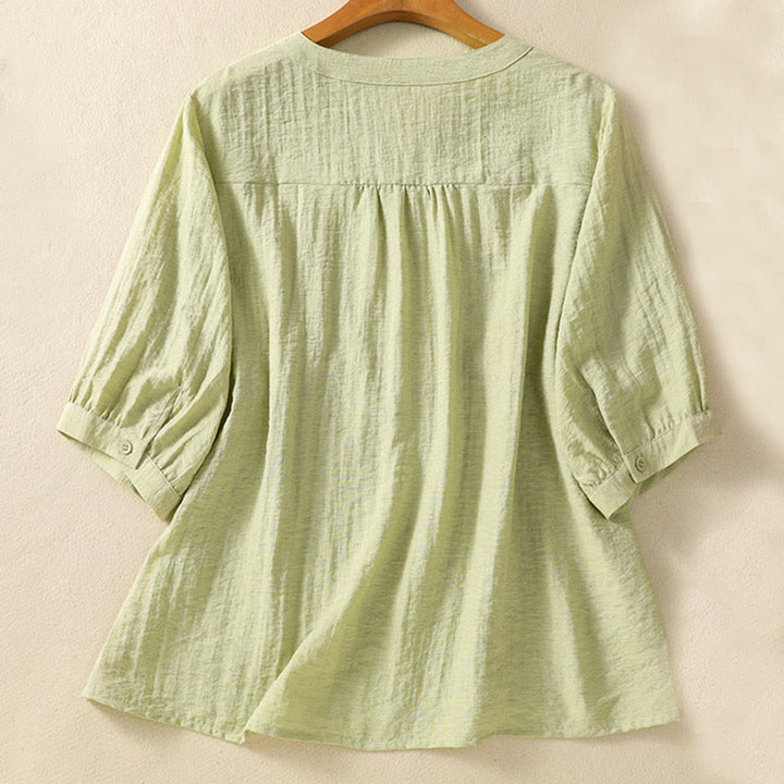 Camisa de algodón con cuello en V para mujer con bordado de flores, hojas y Buddha Stones - image 12