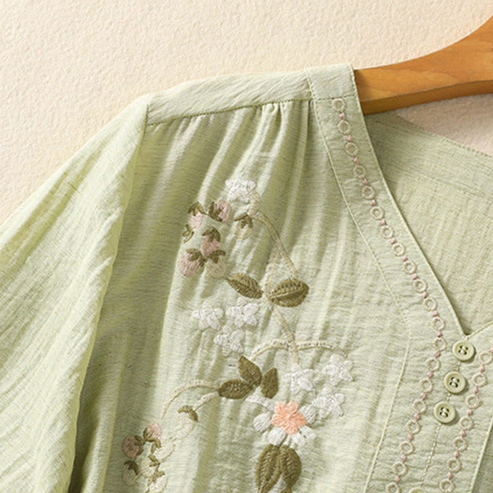 Camisa de algodón con cuello en V para mujer con bordado de flores, hojas y Buddha Stones - image 15