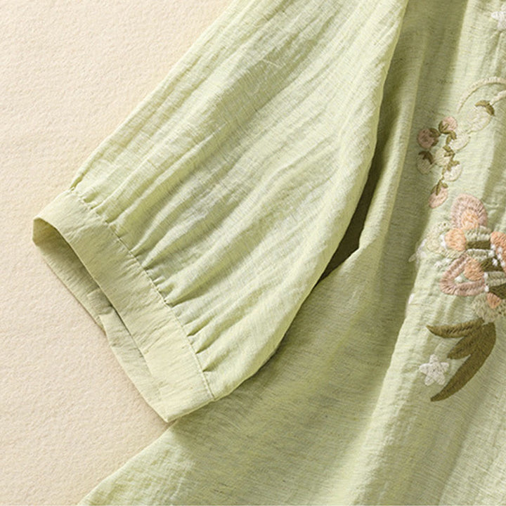 Camisa de algodón con cuello en V para mujer con bordado de flores, hojas y Buddha Stones - image 17
